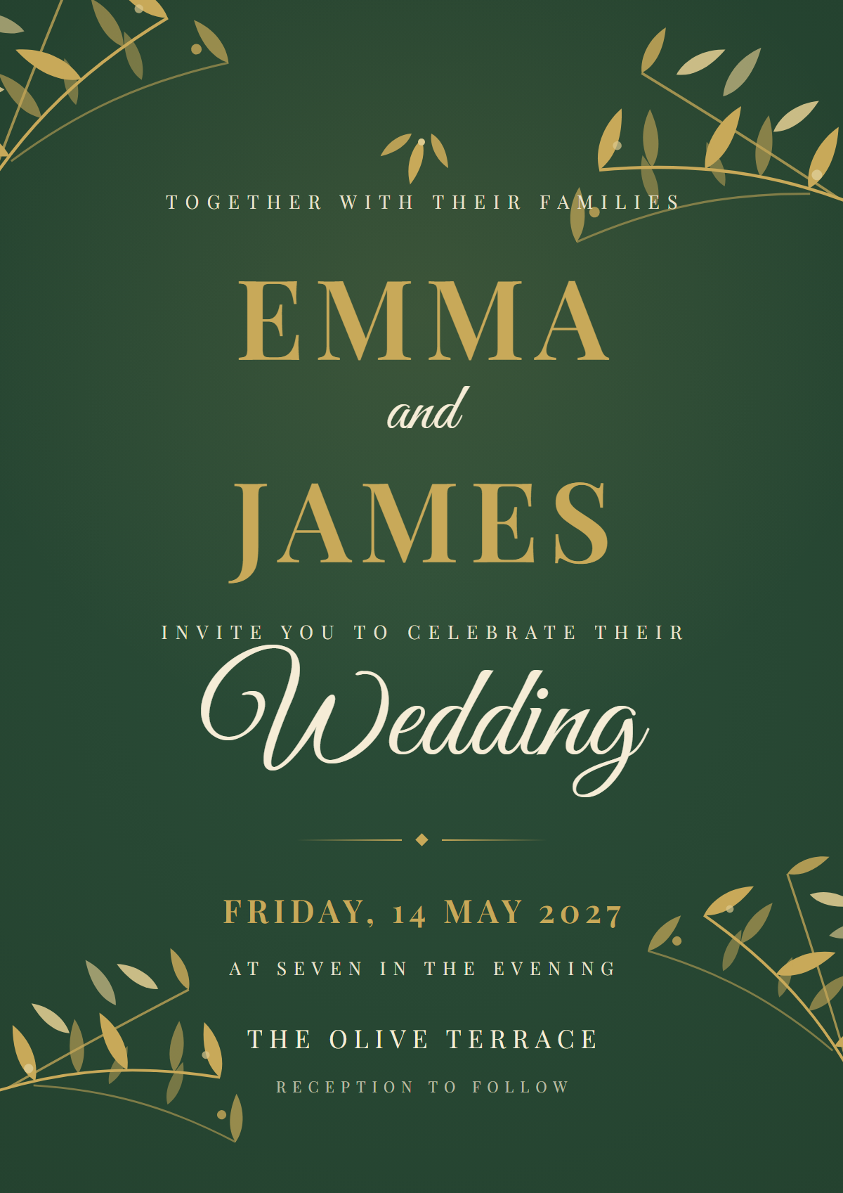 Wedding invitation design Evergreen: gold serif names on deep green with botanical gold sprays