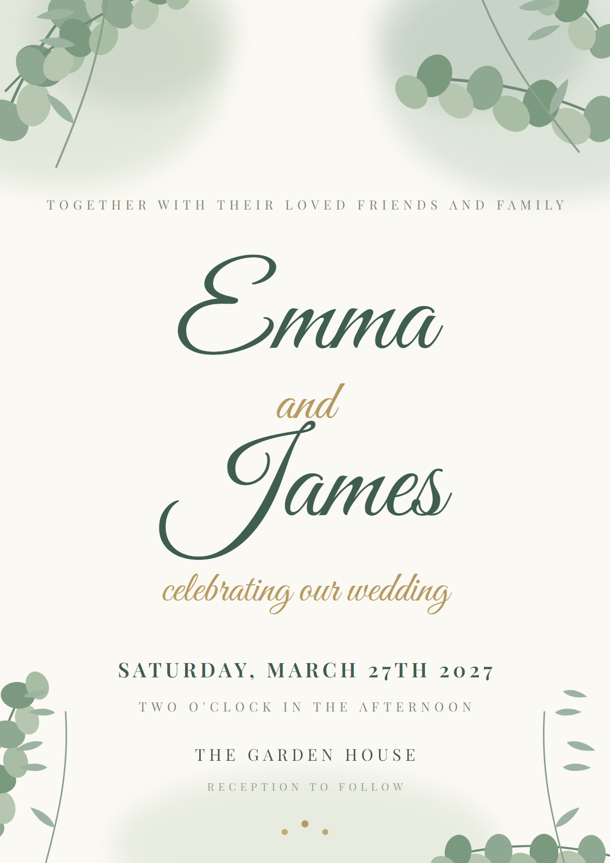 Wedding invitation design Garden: flowing green script names on cream with watercolor eucalyptus