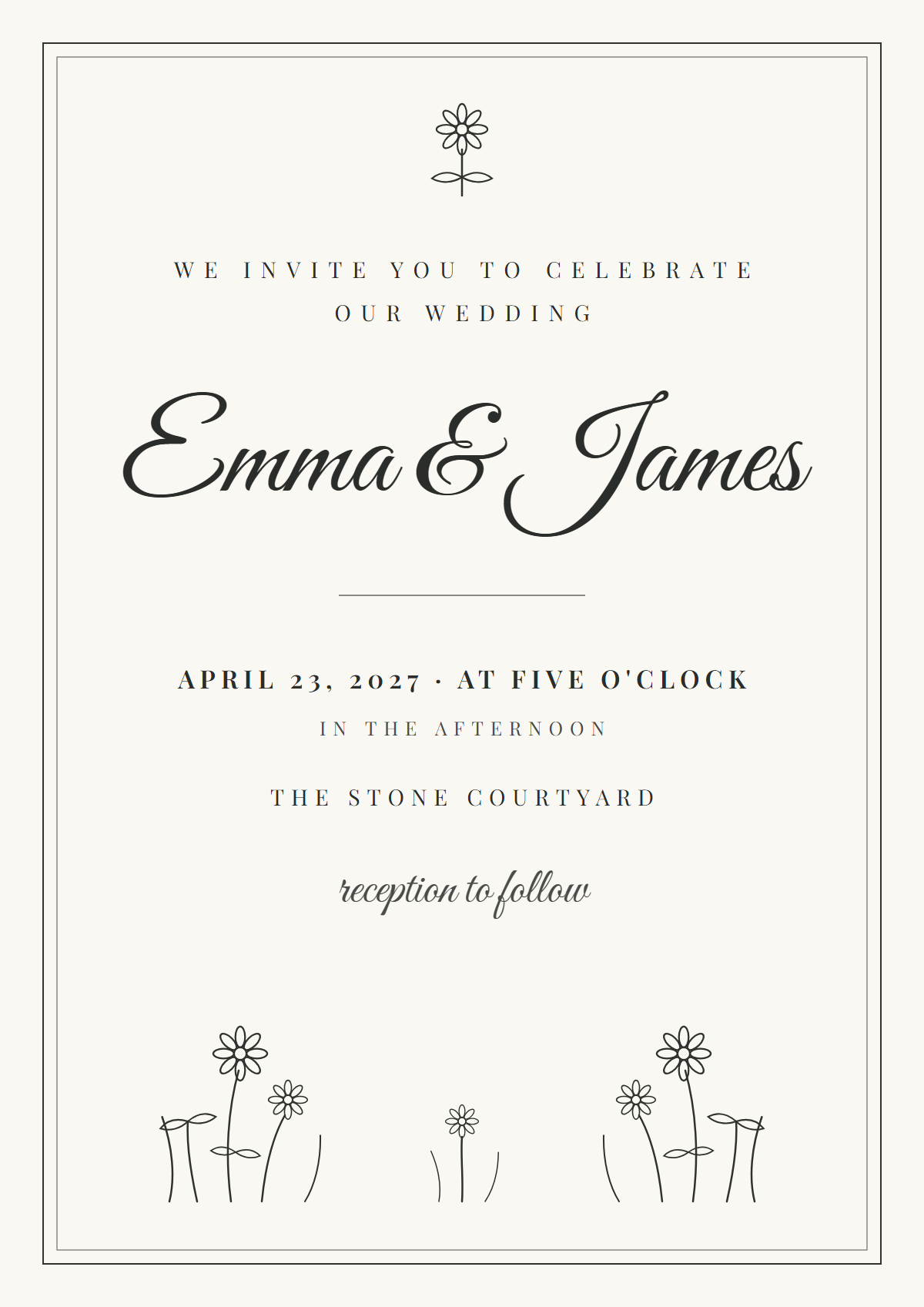 Wedding invitation design Ink: script names on warm white with fine black line-art wildflowers